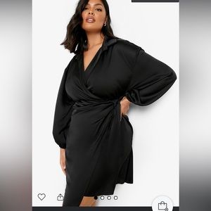Boohoo Tie Wrap Satin Shirt Dress